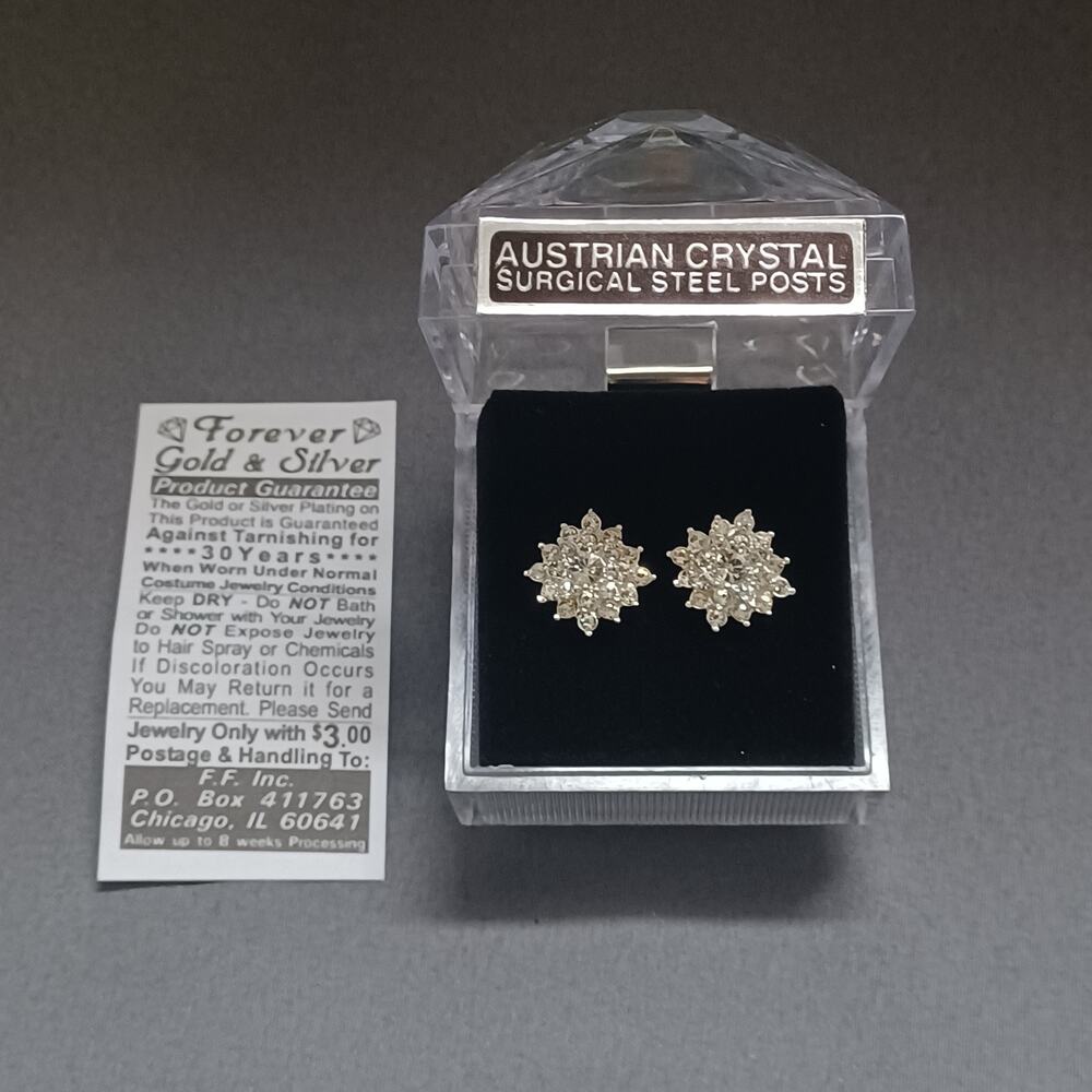 Vtg Austrian Crystal Cluster Stud Earrings Surgical Steel Silver Tone Starburst